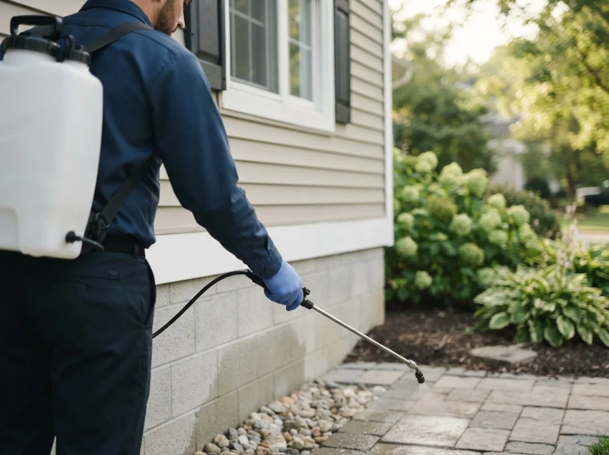 Pest control technician inspecting a home in Kell, IL
